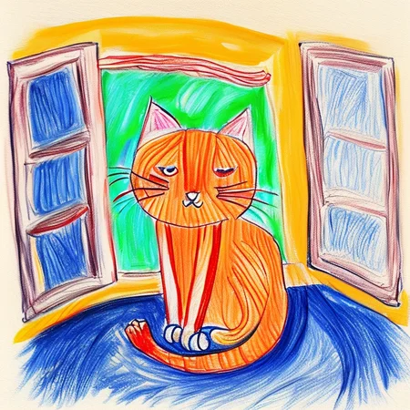 <lyco:Sketchnote:1.0> child's drawing, cat near the window