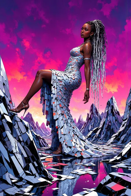 A striking woman with ebony skin and long, silver braids cascading like waterfalls poses in a crystalline landscape under a vivid magenta sky. Her Met Gala gown is a shimmering tapestry of mirrored silver tiles, reflecting the angular shapes of the black-and-white linear floor beneath her. The ground forms sharp, triangular peaks and valleys, creating a shifting, prismatic illusion that interacts perfectly with the reflective elements of her gown. Her pose is fiercely dynamic: one leg extended, the other bent slightly as she leans back, hands gripping the edges of her gown and pulling it into dramatic, sweeping arcs that align with the illusory geometry. Inspired by the mirrored worlds of Yayoi Kusama and the cutting-edge designs of Iris van Herpen. High quality rendering. 8K.