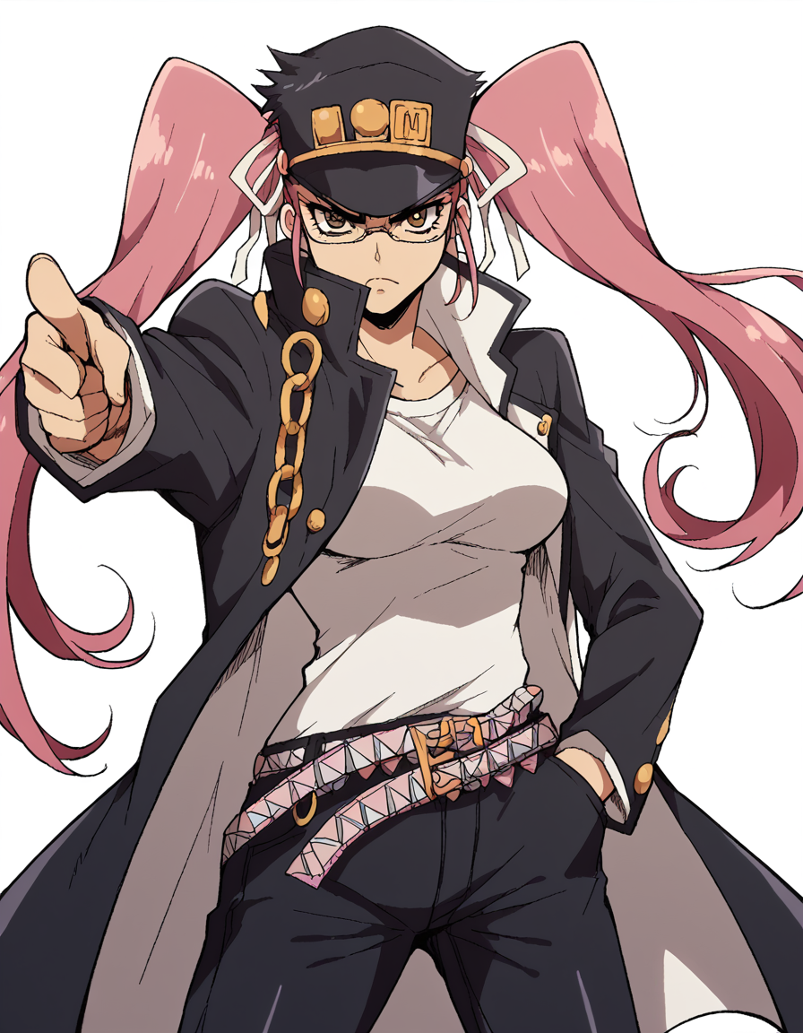 score_9, score_8_up, score_7_up, source_anime, sayatakagi, <lora:saya-takagi-ponyxl-lora-nochekaiser:1>, saya takagi, long hair, ribbon, twintails, brown eyes, hair ribbon, pink hair, glasses, large breasts,, <lora:kujo-jotaro-cosplay-ponyxl-lora-nochekaiser:1>, kujo jotaro cosplay, kujo jotaro (cosplay), gakuran, cosplay, belt, black headwear, black jacket, black pants, high collar, multiple belts, pants, shirt,, street, jojo pose, pointing, hand in pocket, cowboy shot, looking at viewer,