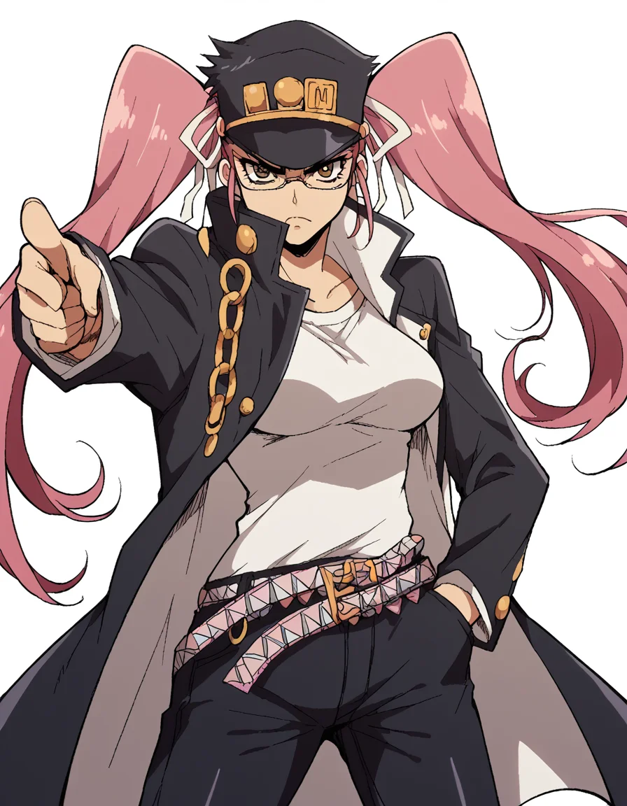 score_9, score_8_up, score_7_up, source_anime, sayatakagi, <lora:saya-takagi-ponyxl-lora-nochekaiser:1>, saya takagi, long hair, ribbon, twintails, brown eyes, hair ribbon, pink hair, glasses, large breasts,, <lora:kujo-jotaro-cosplay-ponyxl-lora-nochekaiser:1>, kujo jotaro cosplay, kujo jotaro (cosplay), gakuran, cosplay, belt, black headwear, black jacket, black pants, high collar, multiple belts, pants, shirt,, street, jojo pose, pointing, hand in pocket, cowboy shot, looking at viewer,