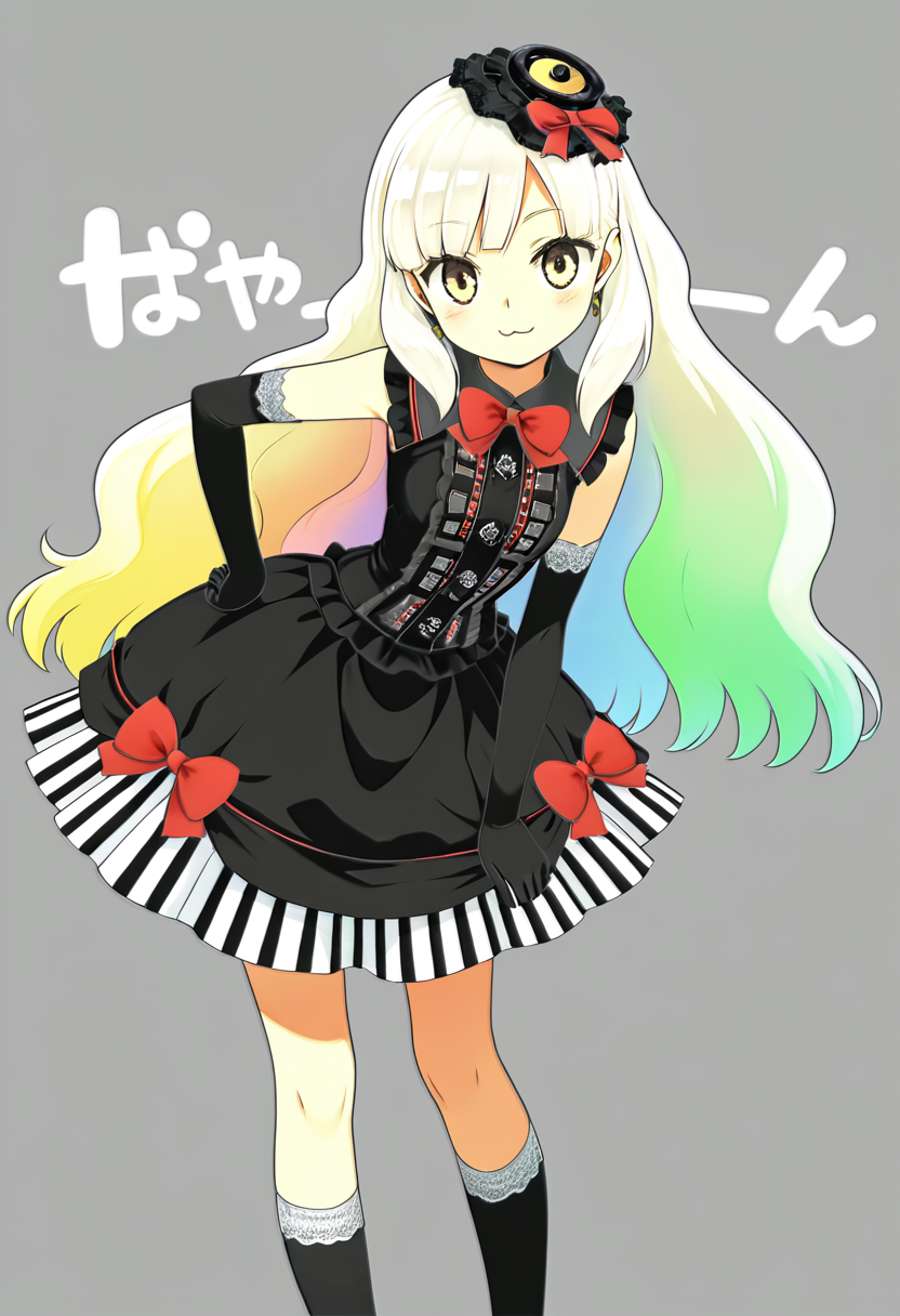 masterpiece, best quality, 1girl, solo,  zzMayu, yellow eyes, blonde hair, gradient hair, green hair, hair ornament, long hair, multicolored hair, rainbow hair, white hair,   dress, bow, hat, elbow gloves, kneehighs, lfashion, gothic,   smile, :3, leaning forward, portrait, close up, foreshotening,  narrow waist, cute background,  , <lora:MAYULoveLogic_IXL:1.0>,