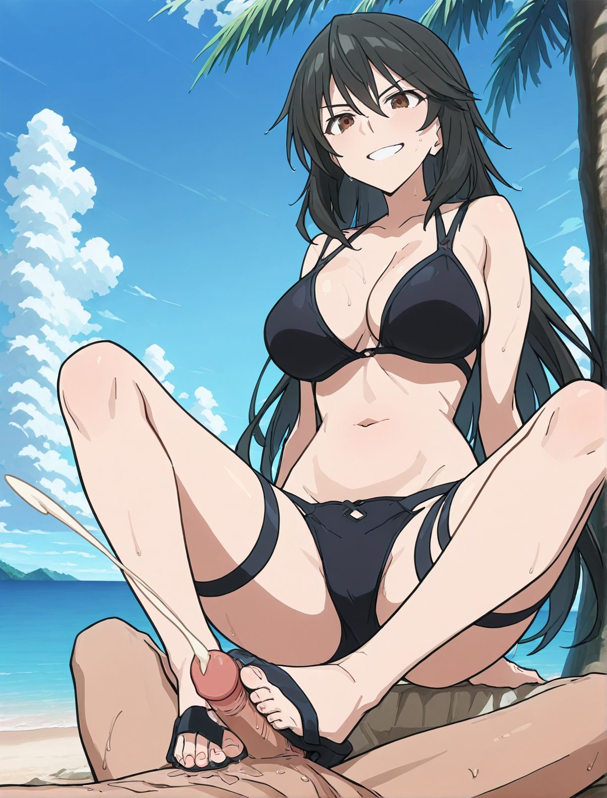 masterpiece, best quality, newest, absurdres, highres, detailed eyes, beautiful, detailed background, perfect eyes, anime coloring, anime screencap,
<lora:Thigh_Sex:1>Thigh_SexV1,
1BOY, penis, femdom, clothed female nude male, projectile cum,
 sandwich footjob, wo footed footjob,
BREAK
ocean, tree, blue sky, 
black hair,brown eyes,long hair,,large breasts, black bikini,wet,thigh strap, 
<lora:Chifuyu_Orimura-Infinite_Stratos:0.8>
BREAK
fatman, ugly man, bald,faceless male,