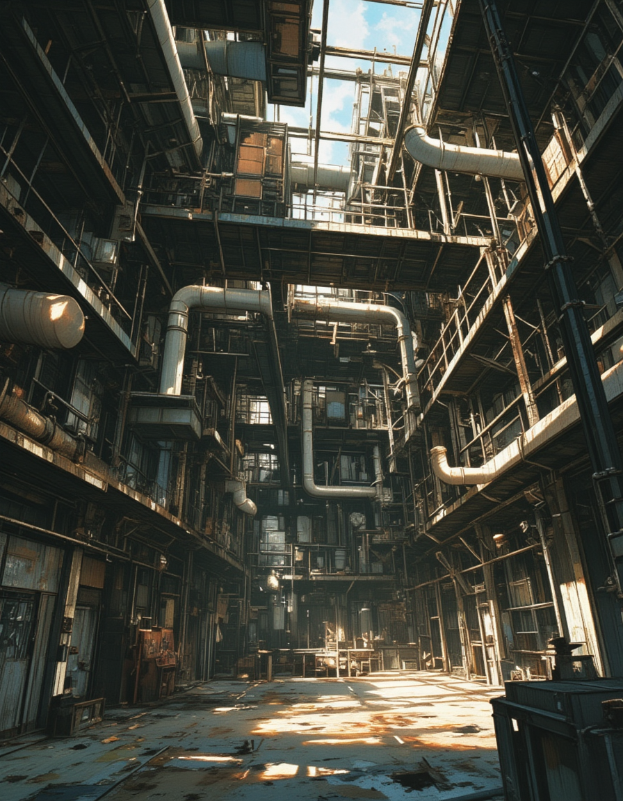 <lora:CW02_Lost_indusin:1> japanese animation style, cw02lost, indoors, abandoned, factory, industrial, broken machinery, pipes, rust, decay, grunge, metal, dust, derelict, structure, steel, ducts, graffiti, worn, ventilation, urban, corrosion, sunlight, broken ceiling