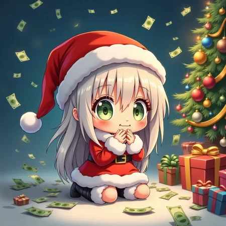 a chibi  girl with money eyes wear santa claus clothes kneel down and put two hands together and face to the christmas tree and a lot of money fall down, bo-christmas