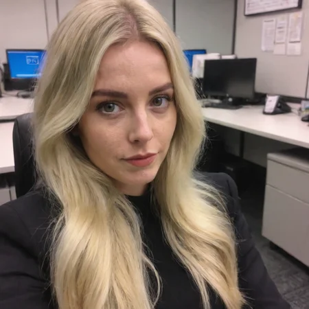 phone photo of blonde woman in the office, uploaded on snapchat
