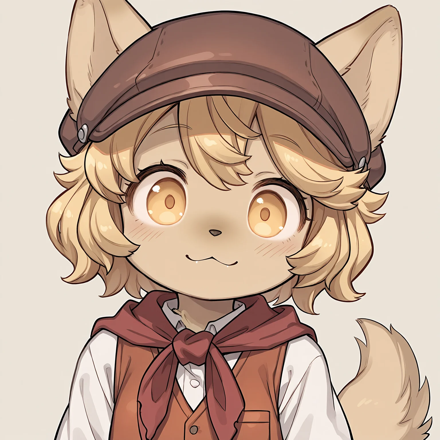 masterpiece, best quality, (absurdres), (highest quality), amazing quality, very aesthetic, no humans,
BREAK, <lora:Mei_Marzipan_Illustrious_V1:1>, mei marzipan, fuga: melodies of steel, kemono, furry female, 1girl, child, beige fur, blonde hair, yellow eyes, dog girl, animal ears, dog tail, dog ears,
BREAK, fuga 2 outfit, dress, red scarf, vest, hat,
BREAK, (solo), face focus, close-up, wide eyes, :3, face up, looking at viewer,