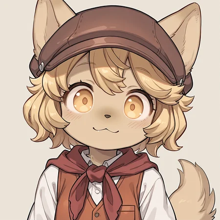 masterpiece, best quality, (absurdres), (highest quality), amazing quality, very aesthetic, no humans,
BREAK, <lora:Mei_Marzipan_Illustrious_V1:1>, mei marzipan, fuga: melodies of steel, kemono, furry female, 1girl, child, beige fur, blonde hair, yellow eyes, dog girl, animal ears, dog tail, dog ears,
BREAK, fuga 2 outfit, dress, red scarf, vest, hat,
BREAK, (solo), face focus, close-up, wide eyes, :3, face up, looking at viewer,