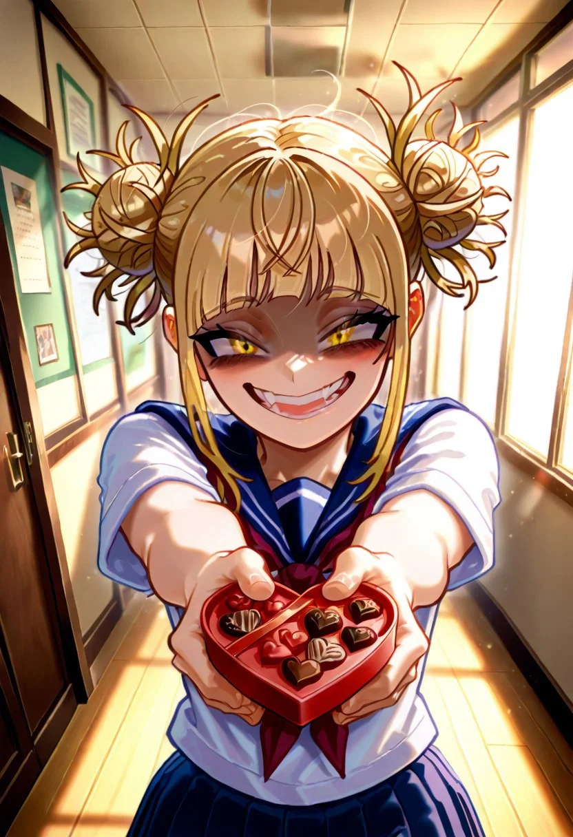 1girl,,toga_himiko_illust, blonde hair, hair bun, double bun, bangs, school uniform, yellow eyes, skirt, messy hair,valentine's day,(yandere,),looking at viewer,holding chocolate,standing,yandere smile,shaded face,<lora:illustrious_noobai_epsilon_pred_11_very_aesthetic_v1:0.5>,<lora:ponyv5_noobV065S_1_adamW:0.5>,indoors,upper body,outstretched arms,
masterpiece,best quality,amazing quality,very aesthetic,absurdres,(anime coloring:0.7),dutch angle,<lora:spo_sdxl_10ep_4k-data_lora_webui:1>,<lora:add-detail-xl:1>