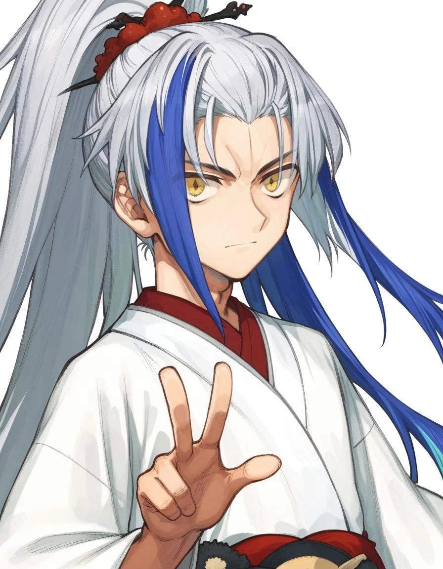 score_9, score_8_up, score_7_up, masterpiece, young boy, v-shaped eyebrows,
<lora:FSR:1>, fsr, solo, long hair, looking at viewer, hair ornament,1boy,white background,closed mouth,blue hair,yellow eyes,upper body,ponytail,white hair,grey hair,male focus,multicolored hair,japanese clothes,kimono,two-tone hair,streaked hair
