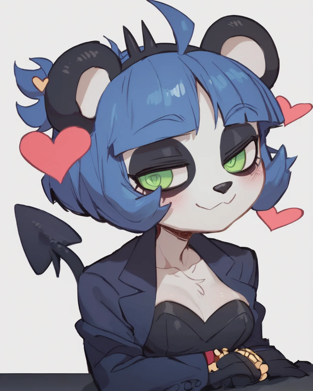 Score_9, Score_8_Up, Score_7_Up, Score_6_Up, Score_5_Up, Score_4_Up, anime screencap, upper body,
<lora:Nuwa Nightstone:0.8> furry, (black and white fur), 1girl, masterpiece, best quality, animal nose, gold hearts, eye makeup, Nuwa Nightstone, green eyes, blue hair, (panda girl), panda ears, panda tail,
BREAK
<lora:noah style:1> noaharbre