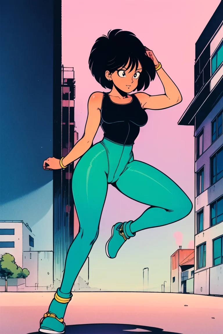 girl, (hotify,digital art,fit,hot body,instagram:1.2), (future:1.4), (Dawn,Street Background:1.4),Slim Waist,Tiny Breasts,(Jumping),Short Hair,Marcel,(tan Wrap Top,cyan Leggings:1.3),Dragon Ball,Collar ,(masterpiece,detailed,highres:1.4) <lora:90s_iron:0.7>