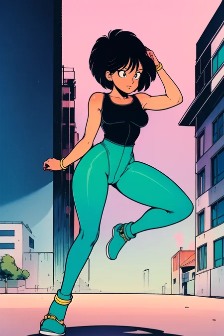 girl, (hotify,digital art,fit,hot body,instagram:1.2), (future:1.4), (Dawn,Street Background:1.4),Slim Waist,Tiny Breasts,(Jumping),Short Hair,Marcel,(tan Wrap Top,cyan Leggings:1.3),Dragon Ball,Collar ,(masterpiece,detailed,highres:1.4) <lora:90s_iron:0.7>
