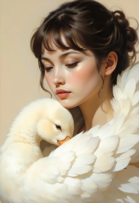 This is a highly detailed, realistic digital painting depicting a close-up of a young woman's face and a large white duck. The woman, with fair skin and freckles, has short, dark brown hair with blunt bangs, her eyes gently closed in serene expression, and her lips slightly parted, painted with a soft, natural pink hue. She is cradled by the soft, fluffy feathers of a large white duck, its pure, almost luminous white feathers providing a striking contrast to her delicate skin. The duck's head, featuring a rounded beak and soft, dark eyes, rests close to her face, creating a tranquil, intimate connection between the two. Each feather of the duck is meticulously rendered, from the fine down to the smooth surface, capturing the softness and texture of its plumage. The background is a simple, light beige, which ensures that the subjects remain the focus, with no distractions from the emotional depth of the scene. Natural, soft lighting gently illuminates both the woman and the duck, casting delicate shadows that highlight the curves and contours of their forms, adding depth to the composition. This artwork evokes a peaceful, harmonious bond between the human and the animal, blending realism with a subtle symbolism of purity and tranquility. HD, 8K quality, ultra-detailed, masterpiece artwork, flawless anatomy.
