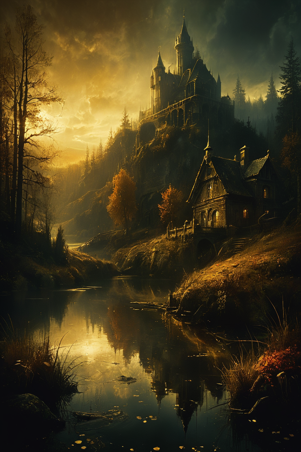 gothic style (masterpiece, best quality, hyper detailed, ultra realistic, 32k, RAW photo) rustic pond, rolling hills scattered with trees, autumn, sunset, sharp focus, intricate, detailed illustration, beautiful color palette, incredible details, high contrast, high dynamic light, perfect composition and chiaroscuro by Rembrandt, concept art, by Jarek Kubicki, by Raphael Lacoste, John Pitre, Karine Eibatova, by Ralph Blakelock, by Julie Bell, by Jim Warren, by Aleksey Savrasov . dark, mysterious, haunting, dramatic, ornate, detailed,
<lora:The_Dark_Side_Of_The_Future:0.8>,