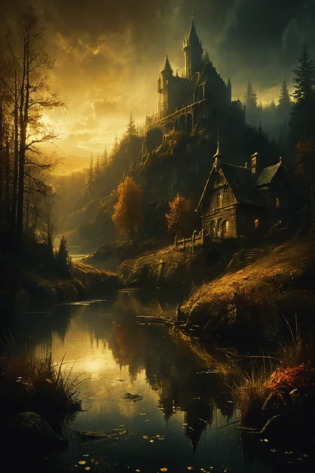 gothic style (masterpiece, best quality, hyper detailed, ultra realistic, 32k, RAW photo) rustic pond, rolling hills scattered with trees, autumn, sunset, sharp focus, intricate, detailed illustration, beautiful color palette, incredible details, high contrast, high dynamic light, perfect composition and chiaroscuro by Rembrandt, concept art, by Jarek Kubicki, by Raphael Lacoste, John Pitre, Karine Eibatova, by Ralph Blakelock, by Julie Bell, by Jim Warren, by Aleksey Savrasov . dark, mysterious, haunting, dramatic, ornate, detailed,
<lora:The_Dark_Side_Of_The_Future:0.8>,