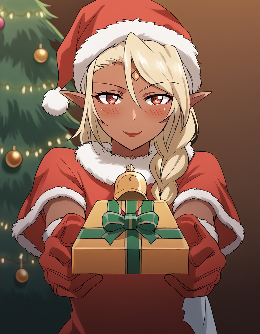 score_9, score_8_up, score_7_up, source_anime, <lora:bikiniwarrior-darkelf-s1-ponyxl-lora-nochekaiser:1>, darkelf, long hair, blonde hair, braid, pointy ears, dark skin, dark-skinned female, elf, dark elf, hair between eyes, red eyes, hair over shoulder, lipstick, anime screencap,, <lora:santa-costume-ponyxl-lora-nochekaiser:1>, santa costume, santa hat, christmas, sack, merry christmas, gift, fur-trimmed headwear, holding sack, santa dress, fur-trimmed dress, christmas tree, christmas tree, fur trim, red capelet, gift box, red gloves, fur-trimmed capelet, santa gloves, red hat, hat,, smile, blush, looking at viewer, <lora:incoming-gift-ponyxl-lora-nochekaiser:1>, incoming gift, outstretched arms, holding, holding gift, gift, gift box,, , dutch angle, cowboy shot