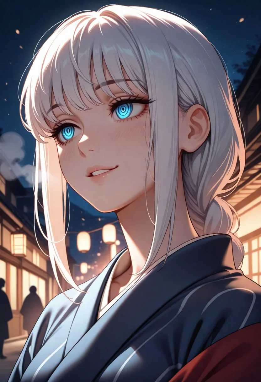 masterpiece, best quality, amazing quality, very aesthetic, flat colors, (artist:rain_rkgk:1), (artist:Tsuaii:1),
female portrait, close up, 1girl, solo, makima (chainsaw man), long hair, smile, bangs, blue eyes, braid, white hair, braided ponytail, ringed eyes, kimono, close up, waist up, posing, looking away, parted lips, steam, cold weather, foggy, night time, Dark, misty, street, walking, dynamic angle, natural light,