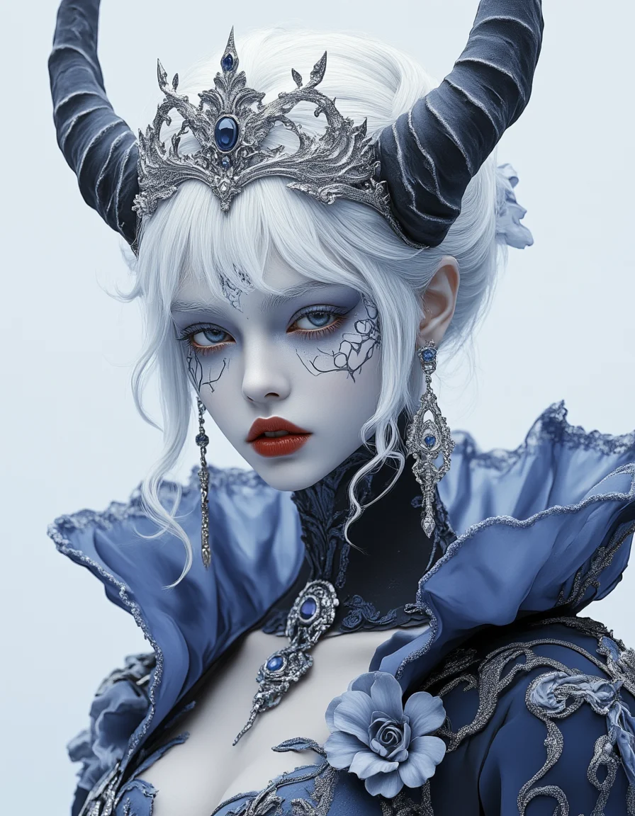<lora:shuimu-14:0.8>a hyper-realistic cgi artwork depicting a stunningly beautiful woman with ethereal, pale blue skin, adorned with intricate white and blue face markings resembling delicate vines, she has white, wavy hair, voluminous blue eyes, and deep red lips, she wears a luxurious blue and silver gown with floral accents, a crown crowned with a large blue gem, and matching earrings, the background is a soft, gradient blue, enhancing the mystical atmosphere