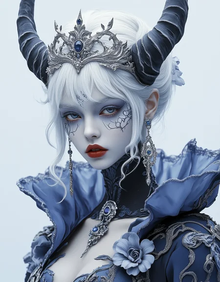 <lora:shuimu-14:0.8>a hyper-realistic cgi artwork depicting a stunningly beautiful woman with ethereal, pale blue skin, adorned with intricate white and blue face markings resembling delicate vines, she has white, wavy hair, voluminous blue eyes, and deep red lips, she wears a luxurious blue and silver gown with floral accents, a crown crowned with a large blue gem, and matching earrings, the background is a soft, gradient blue, enhancing the mystical atmosphere