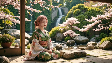a serene 20-year-old young woman with pink hair in a detailed green and pink floral kimono,sitting formally on a tatami mat under cherry blossom trees,with a flowing waterfall and moss-covered stones in the background,soft spring sunlight,vivid style,ultra-detailed,cinematic composition,<lora:yuukananri-base-02-flux:0.9>,yuukananri,she has a slender physique and a petite build,<lora:aidmaMJ6.1v0.4:0.6>,aidmaMJ6.1,