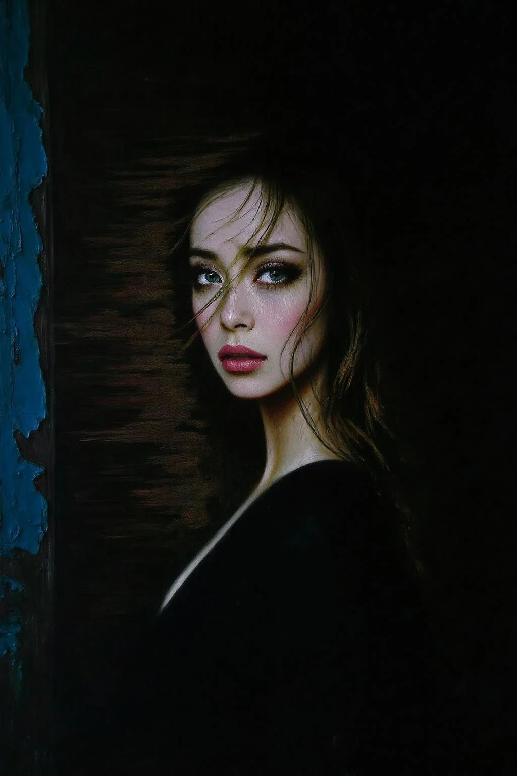 talo1 painting.
a close-up of a Chinese woman. The woman's gaze is directed towards the left side of the frame, her hair cascading over her shoulders. Loose hair is falling on her forehead. She is wearing a black dress, her lips are painted a deep pink color. Her eyes are a piercing blue, her eyelashes are a darker shade of blue, and her hair is a dark shade of brown. The background is a stark black, creating a stark contrast to the woman's body. To the left of the image, the wall is peeling, adding a pop of color to the scene. <lora:talo1_cap_d6a3e15:1.0><lora:828773000141711868:0>