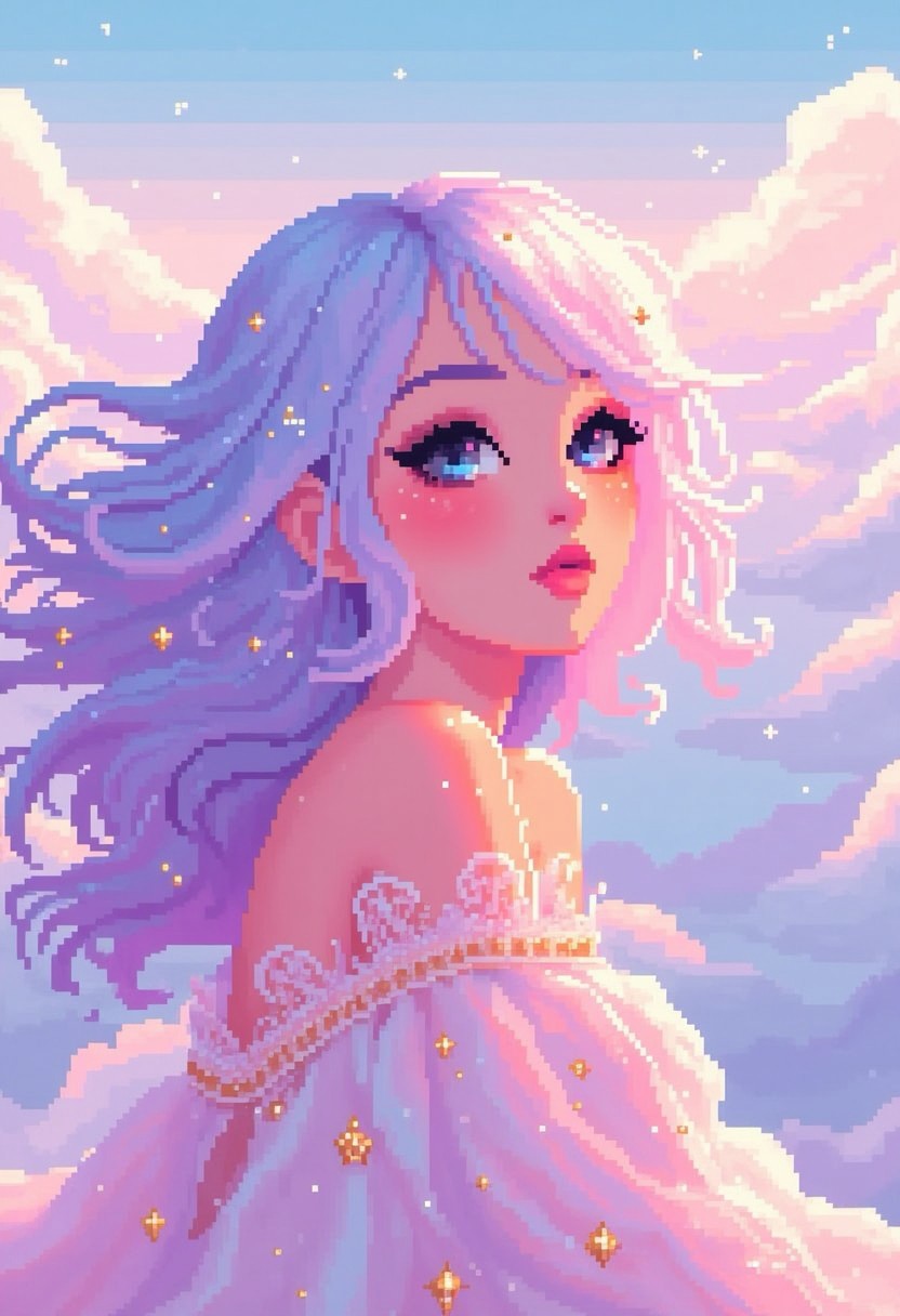 pinkpixelicious,
A dreamy woman with soft lavender eyes and a delicate dusting of freckles across her nose. Her hair is a mesmerizing gradient of pale pink, baby blue, and soft peach, flowing like cotton candy clouds. She wears an airy, pastel chiffon dress with golden embroidery. Behind her, a fantasy skyline of floating castles and glowing pastel clouds stretches infinitely, bathed in the soft light of dawn..