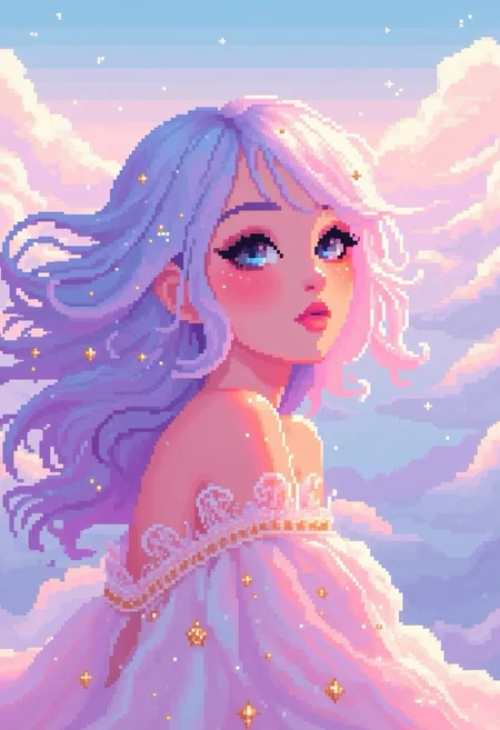 pinkpixelicious,
A dreamy woman with soft lavender eyes and a delicate dusting of freckles across her nose. Her hair is a mesmerizing gradient of pale pink, baby blue, and soft peach, flowing like cotton candy clouds. She wears an airy, pastel chiffon dress with golden embroidery. Behind her, a fantasy skyline of floating castles and glowing pastel clouds stretches infinitely, bathed in the soft light of dawn..