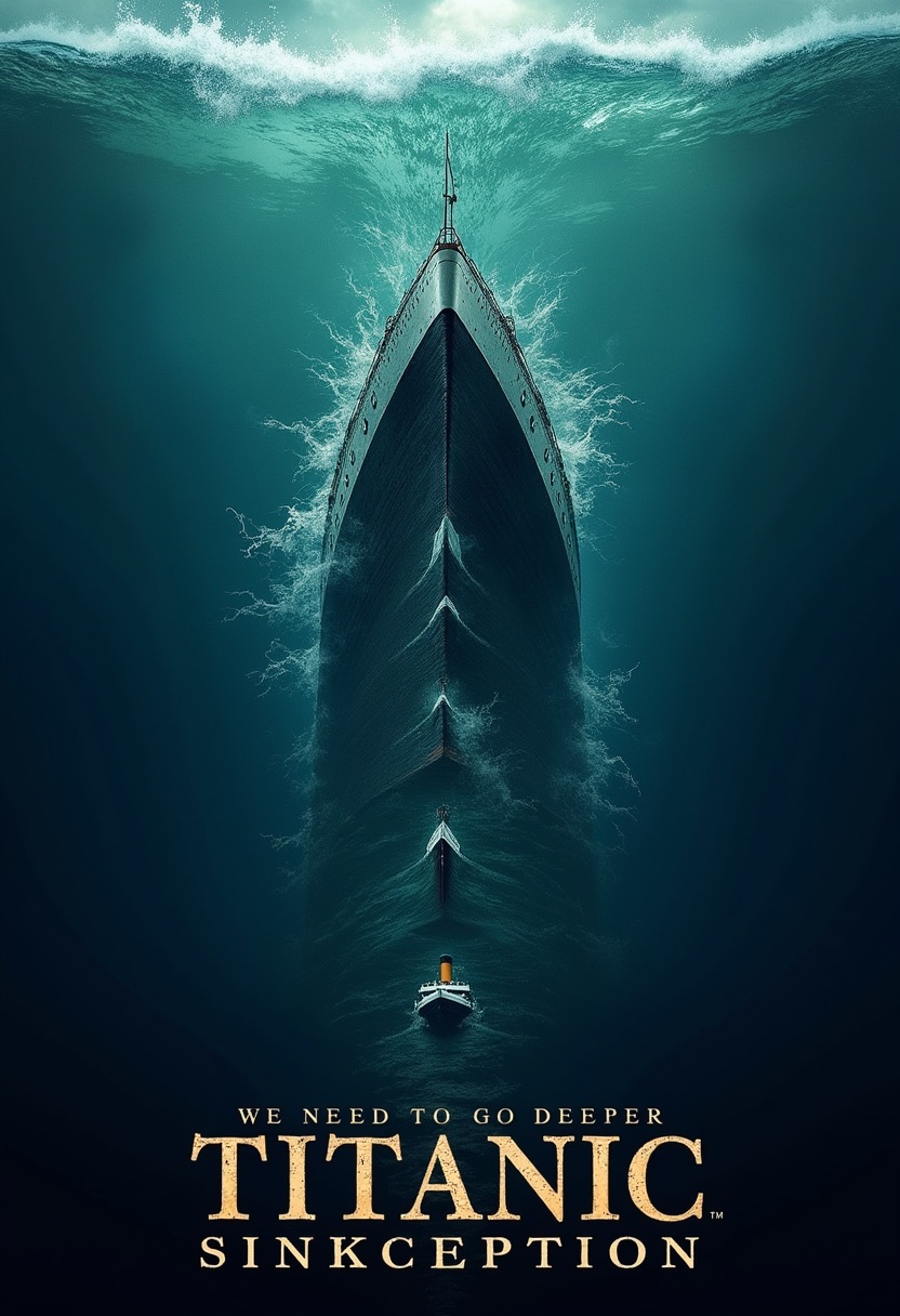 "A dramatic poster featuring a ship sinking within another sinking ship, with each layer growing smaller and more surreal as the poster zooms inward. The backdrop is a vast ocean filled with whirlpools and waves. The tagline reads, 'We Need to Go Deeper,' with the title Titanic: Sinkception in grand, water-rippled letters."