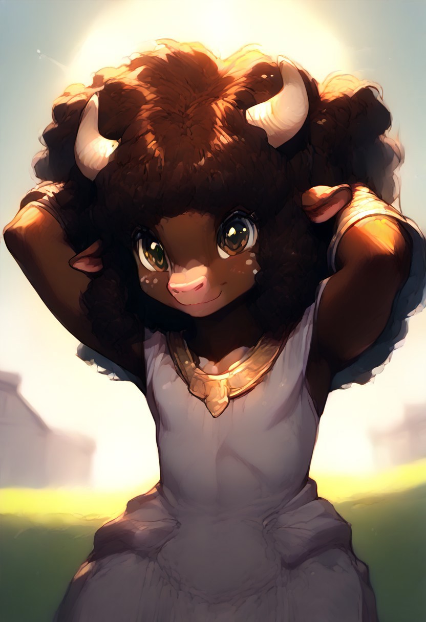 (easynegative:0.2 ) 18yo anthro, furry, minotaur,  petite, young, slender, thin, soft body, solo, happy face, closed mouth, wearing robes, toga robes, smile, white spots , dynamic pose,  greek hairstyle, curly brown hair, 1 long braid hair style, light brown body, red hair, yellow field, sky, warm colors, light, cute,, bright colours, cute, dynamic views, anthro,Furry, solo femboy, girly, trap, soft body, arms behind head, 2/3rd side view, seductive, shy, perfect eyes , detailed eyes, eyelashes, Narrow waist, wide hips, thin hips, thin thighs, Blushing, Perfect curves, slim,skinny,cute , full body, bottom view, closed up,  resting against farm fence, friendly conversation, greek hair style, perspective, foreshortening, BREAK, detailed background, ((close up)), blush, arched back, detailed background, dramatic lighting, detailed background, , random views, dutch angle, Blurry background, detailed background, dramatic lighting, detailed background, vintage, 1990s (style), Long exposure photo, dramatic lighting, afternoon lighting, sun rays, (highly detailed:1.2), (intricate:1.2), (best quality:1.2),(8k:1.2), (sharp:1.2), (majestic:1.2), natural lighting, detail++, nsfw,, ((dynamic view)), ((dramatic))
