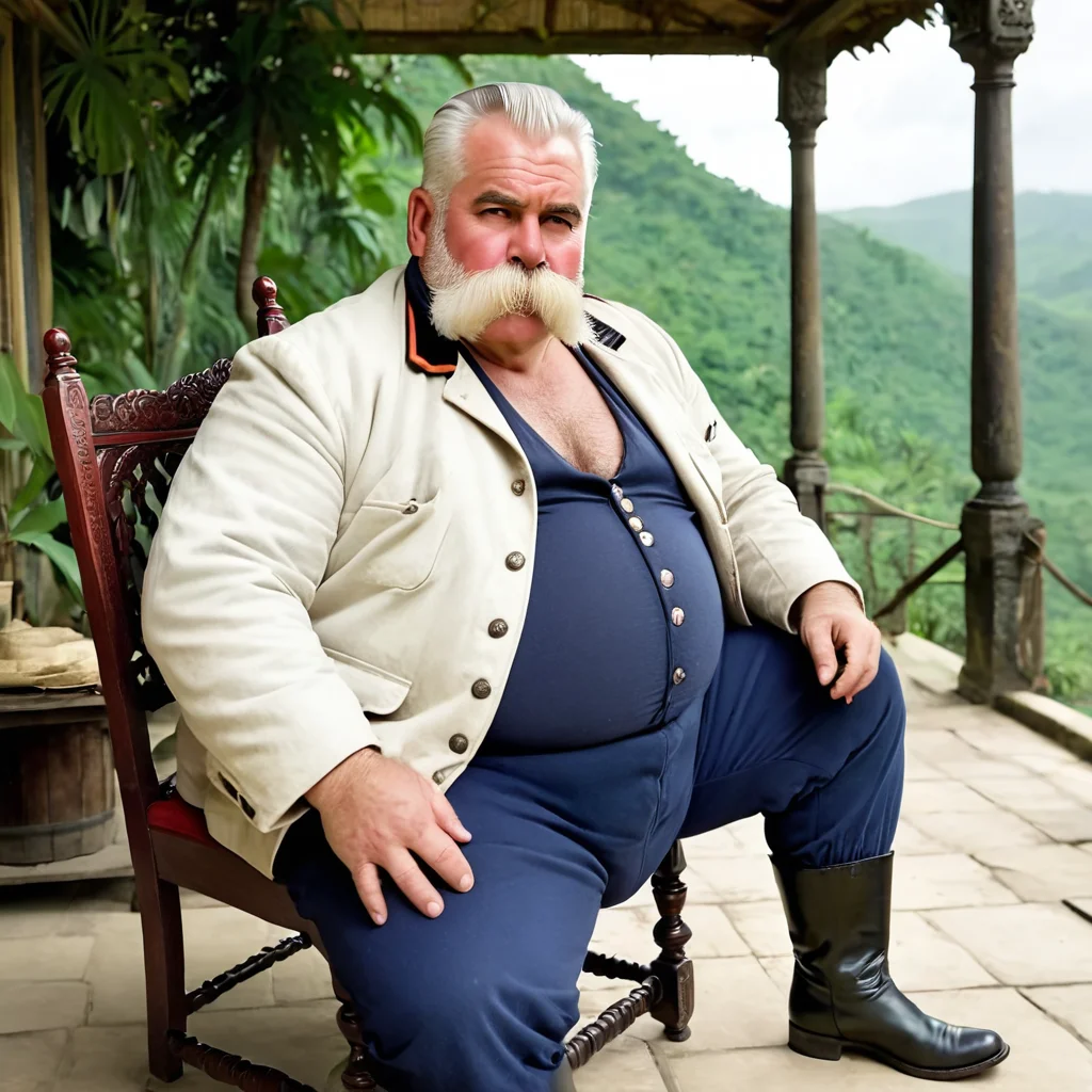 full body, huge bushy white mustache, bara, late 19th century British Empire army officer in uniform sitting on verandah, burly, obese, muscular, barrel chested, white hair, hookah, BREAK red jacket, BREAK white pith helmet BREAK dark blue long trousers BREAK, white gloves BREAK black boots, tropical jungle, antique chairs, colonial style, detailed background, film lighting, film grain, shadows, OverallDetail, <lora:Walrus_Mustaches:1.2>