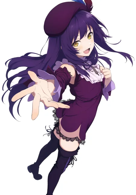 masterpiece,absurdres,best quality,high quality,<lora:MeMaXL5 Type C Vpred Noob:1>,1girl,purple hair,full body,from side,from above,yellow eyes,long hair,straight hair,standing,wind,reaching towards viewer,happy,purple dress,frills,detached sleeves,lace trim,lace boots,lace,hat,feather hair ornament,bow,simple background,white background,foreshortening,light blush,feet out of frame,out of frame,