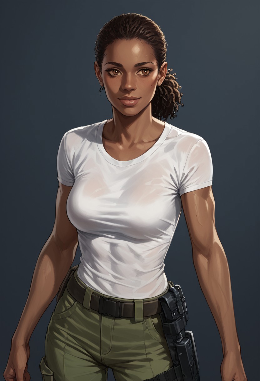 score_9, score_8_up, score_7_up, score_6_up, source_realistic, BREAK 1girl, nadine, dark skin, dark skinned female, ponytail, tshirt, green pants, holster, breasts,