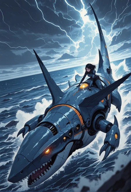 masterpiece, best quality, good quality, very aesthetic, absurdres, newest, 8K, depth of field, focused subject, 1girl, solo, riding on megalodon, ocean, storm, sci-fi, lighting, attack, dynamic angle,
,in the style of cknc,
<lora:ck-shadow-circuit-IL:0.6>
<lora:MoriiMee_Gothic_Niji_Style_Illustrious_r1:0.4>
<lora:ck-nc-cyberpunk-IL-000011:0.4>