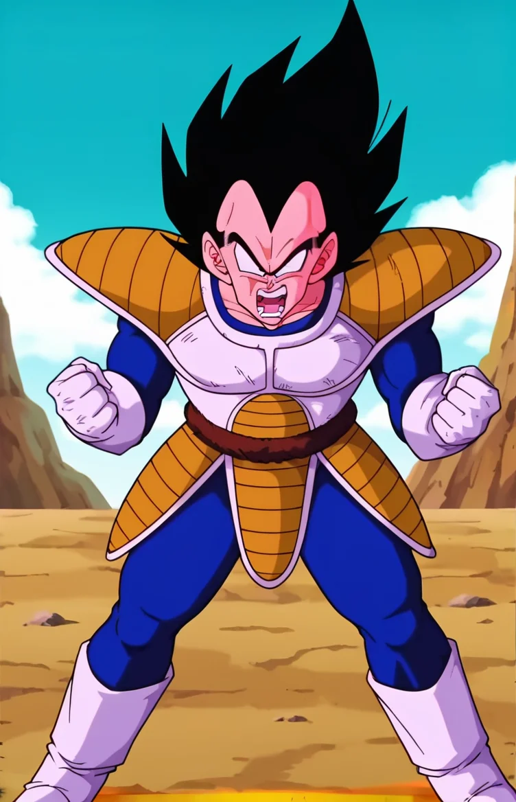 score_9, score_8_up, score_7_up, source_anime, anime screencap, BREAK, vegeta, solo, open mouth, black hair, gloves, 1boy, tail, male focus, outdoors, sky, teeth, day, cloud, white gloves, armor, blue sky, grass, spiked hair, saiyan armor, blue bodysuit, angry, shouting, monkey tail, plate shielding, tail belt, v-shaped eyebrows, full body, charging aura, ki, power up, <lora:vegeta_pony_v1:0.8>, (speed line, rage, motion line, motion blur),