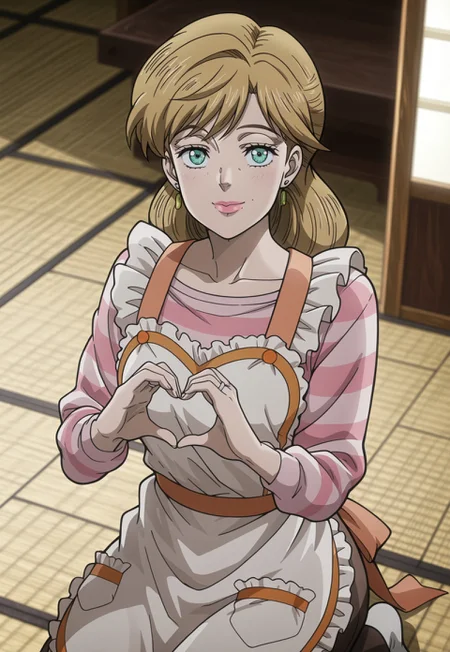 (masterpiece, amazing quality, best quality, anime coloring, detailed),very aesthetic, illustration, perfect composition, intricate details, absurdres, incredibly absurdres, (((1girl,solo,HolyKujo, Blonde Hair, Teal Eyes, Pink Lipstick, White Apron, Orange Apron Trim, White & Pink Striped Shirt, Lime Earrings, Silver Wedding Ring, Brown Skirt))),high angle, cowboy shot, kneeling, looking up, looking at viewer, smile, heart hands, indoors, japanese house, tatami mat,