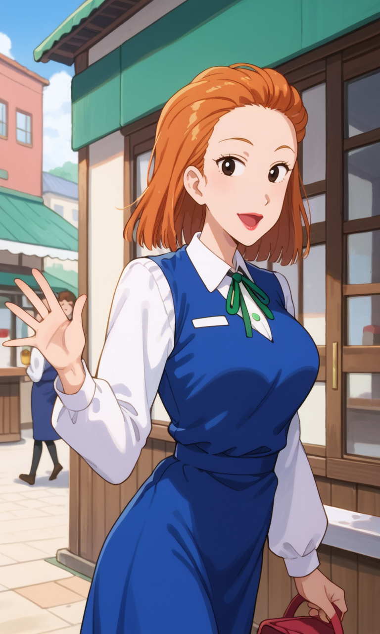 (1girl:1.5), (solo:1.3), (score_9, score_8_up, score_7_up, score_6_up, score_5_up, score_4_up), (source_anime), rating_questionable, looking at viewer,
 <lora:koshitani-junko_v1:0.9> (koshitani-junko), (black eyes, orange hair, long hair, slicked back hair, forehead, eyelashes, lips, lipstick), (blue dress, white shirt, collared shirt, long sleeves, green ribbon, neck ribbon), (large breasts),
outdoors, 
smile,  ^ ^,  open mouth,  happy,
 walking,  cafe,  daytime, blue sky, waving, (portrait:1.3), (from side:1.3)