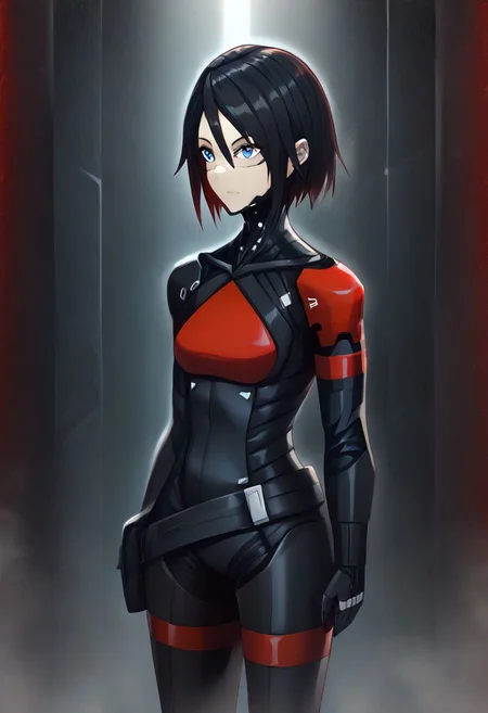 solo, 1girl, elsterXL, elster, black hair, blue eyes, short hair, medium hair, facial marking, 
black and red bodysuit, black bodysuit, multicolored bodysuit, 
masterpiece, best quality, very aesthetic, absurdres,