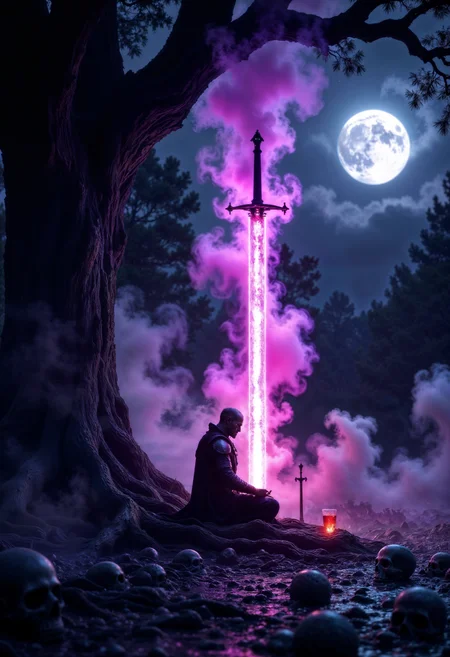 ancient tree, swords in stone, vertical position of sword, glowing sword, violet glowing, kneeling knight, ritual, close up, mysterious fog around the sword, the fog glows , runes glow red dim light, glass of blood, sculls, moon light, corpses of warriors, skeletons, 4K resolution, photorealistic rendering, using cinema 4D Wide range of colors., Dramatic,Dynamic,Cinematic,Sharp details Insane quality. Insane resolution. Insane details. Masterpiece. 32k resolution. dark, chiaroscuro, low-key