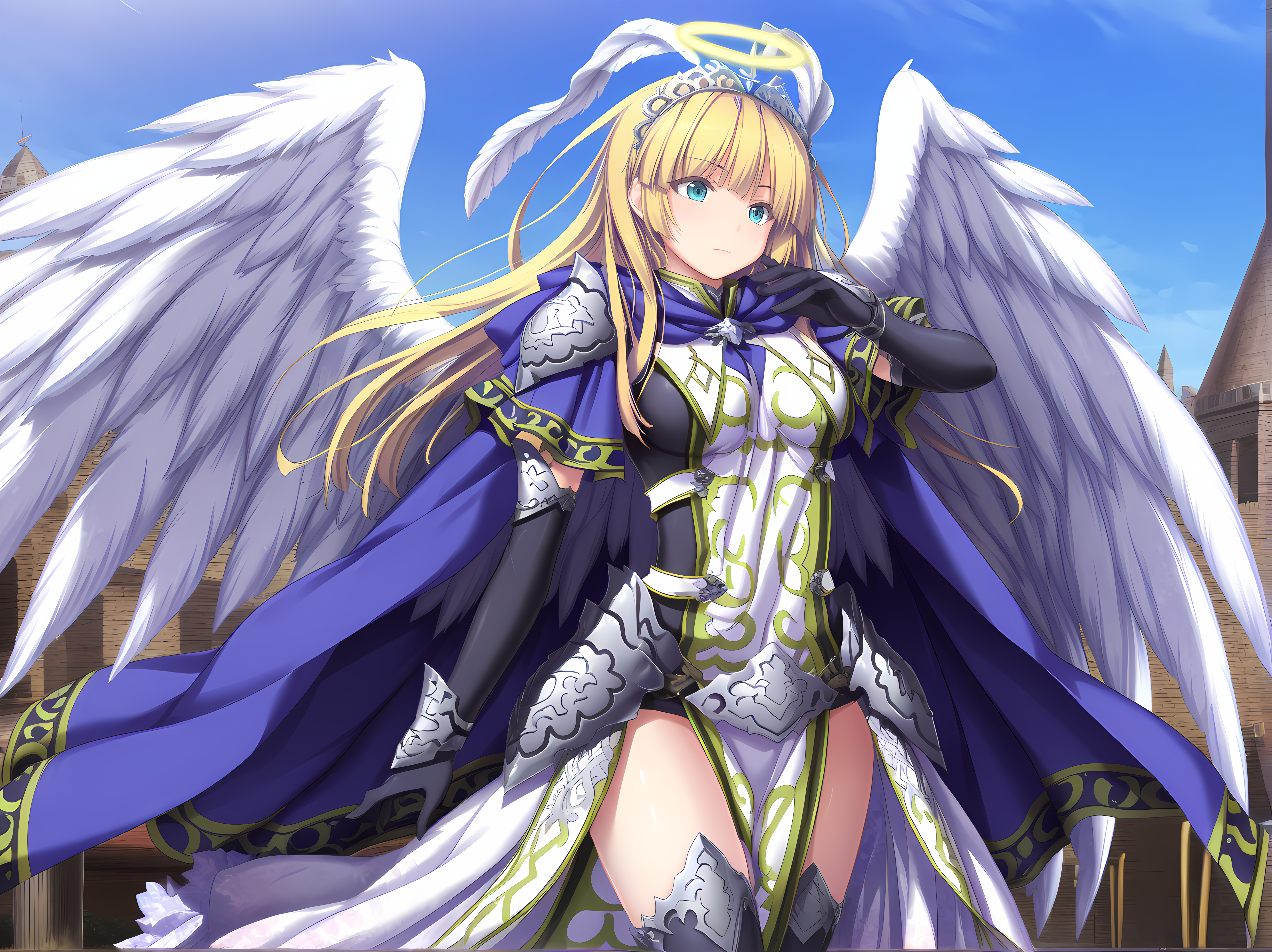 agnes,large breasts,innerwear,tabard,armor,pauldrons,bustle skirt,gloves,elbow gloves,tiara,cape,thigh armor,black thighhighs,feathered wings,angel wings,angel,shoulder armor,wrist armor,armlet,halo,blonde hair,aqua eyes,<lora:Agnes_-_Sankai_Ou_no_Yubiwa_Illustrious:1.1>,outdoors,cowboy shot,, masterpiece,best quality,amazing quality,