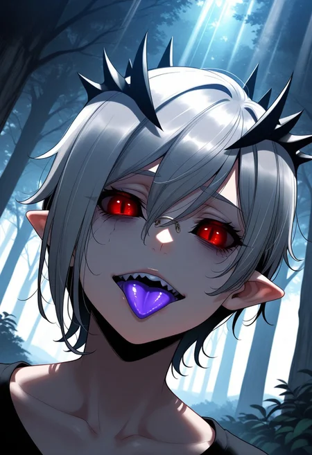 HDR, 8K, high contrast, masterpiece, best quality, amazing quality, very aesthetically pleasing, superabsurd res, high resolution, ultra-detailed, absurdres, latest, landscape, light rays, chiaroscuro, dynamic angle, Dutch angle, close-up, Sallos, 1 person, gray hair, short haircut, red eyes, narrow pupils, black sclera, cracks under the eyes, horns in the form of a crown, pointed ears, colored tongue, purple tongue, BREAK, beautiful detailed eyes, detailed skin, detailed hair, volumetric lighting,