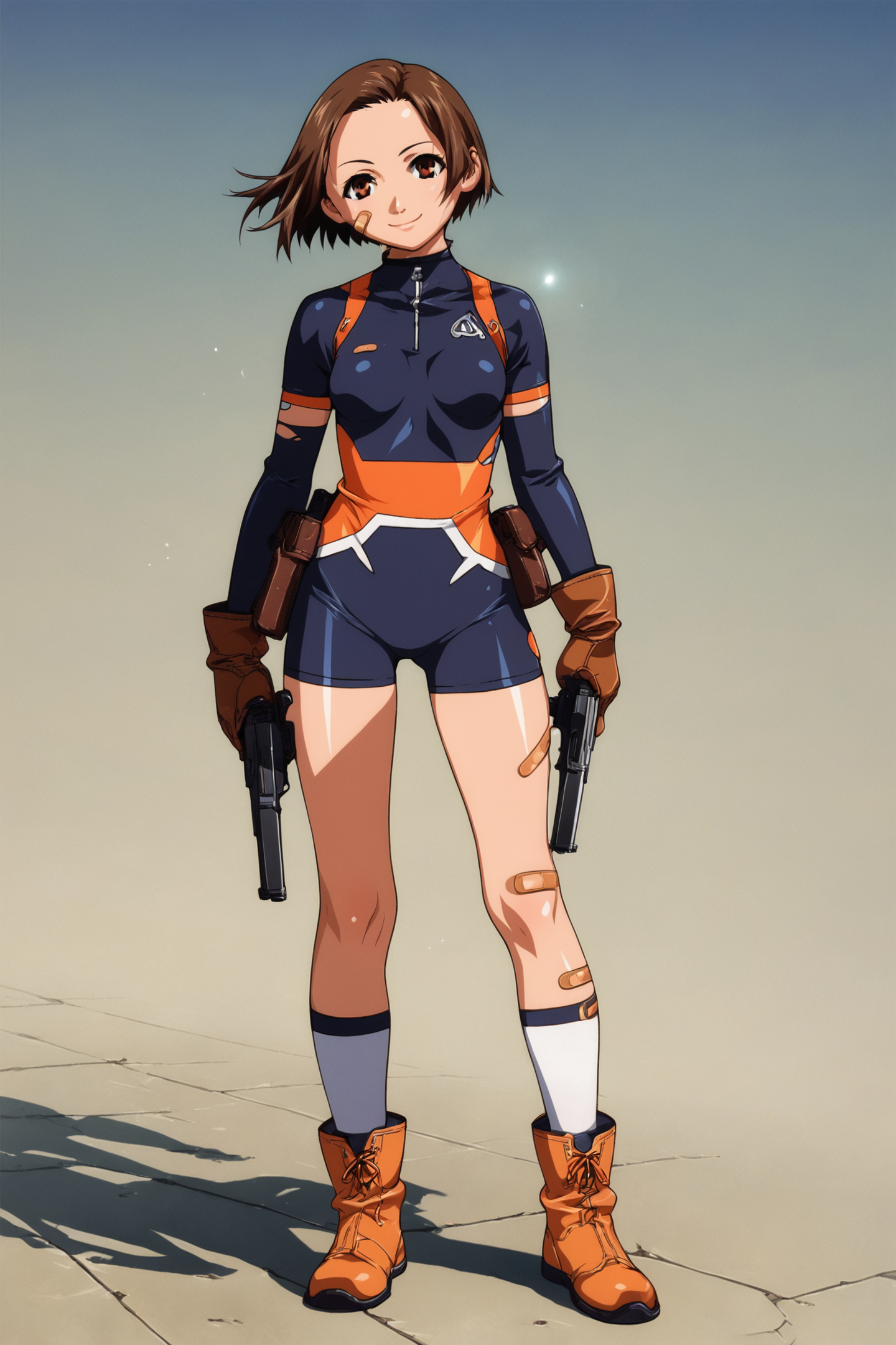 Asami Igarashi,1girl,solo,dual wielding,gun,bandaid,weapon,short hair,torn clothes,holding,handgun,gloves,bodysuit,boots,bandaid on leg,bandaid on forehead,lens flare,shadow,smile,bandaid on knee,breasts,socks,standing,brown hair,small breasts,bandaid on face,score_9,score_8_up,<lora:Yasuomi Umetsu_XL_PONY:0.8>,