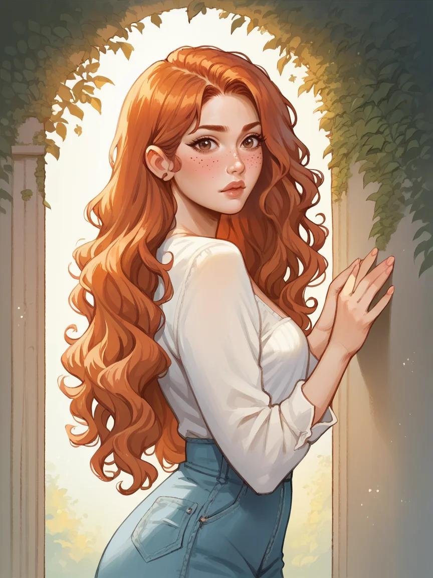 source_anime, score_9, score_8_up, score_7_up, score_6_up, score_5_up,  <lora:t0sh14XLP:1> t0sh14, blush, 1girl, long hair, wavy hair, ginger hair, freckles, lips, curvy
