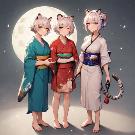 (score_9), (score_8_up), (score_7_up), (score_6_up), (score_5_up), (score_4_up), (masterpiece), best quality, detailed eyes, 1girl, female, large breasts, bandaged chest, tiger ears, tiger tail, black stripes, short hair, white hair, kimono, one eye green, one eye gold, holding club, standing, bare feet,