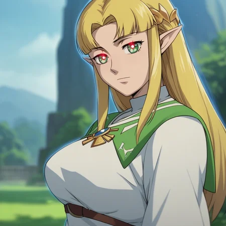 source_anime, D4RK3RTH4NBL4CK, DTB_Style,((score_9)),score_8_up,score_7_up,score_6_up,score_5_up,score_4_up, retro_artstyle, anime style, 1woman, Princess Zelda, blonde hair, large breasts, (green eyes), (C0NTR4CT0R, Contractor, red_pupils, glowing, glowing eyes), looking at viewer, facing viewer, masterpiece, best quality, highres, best illumination, depth of field, Artist style:komori_takahiro