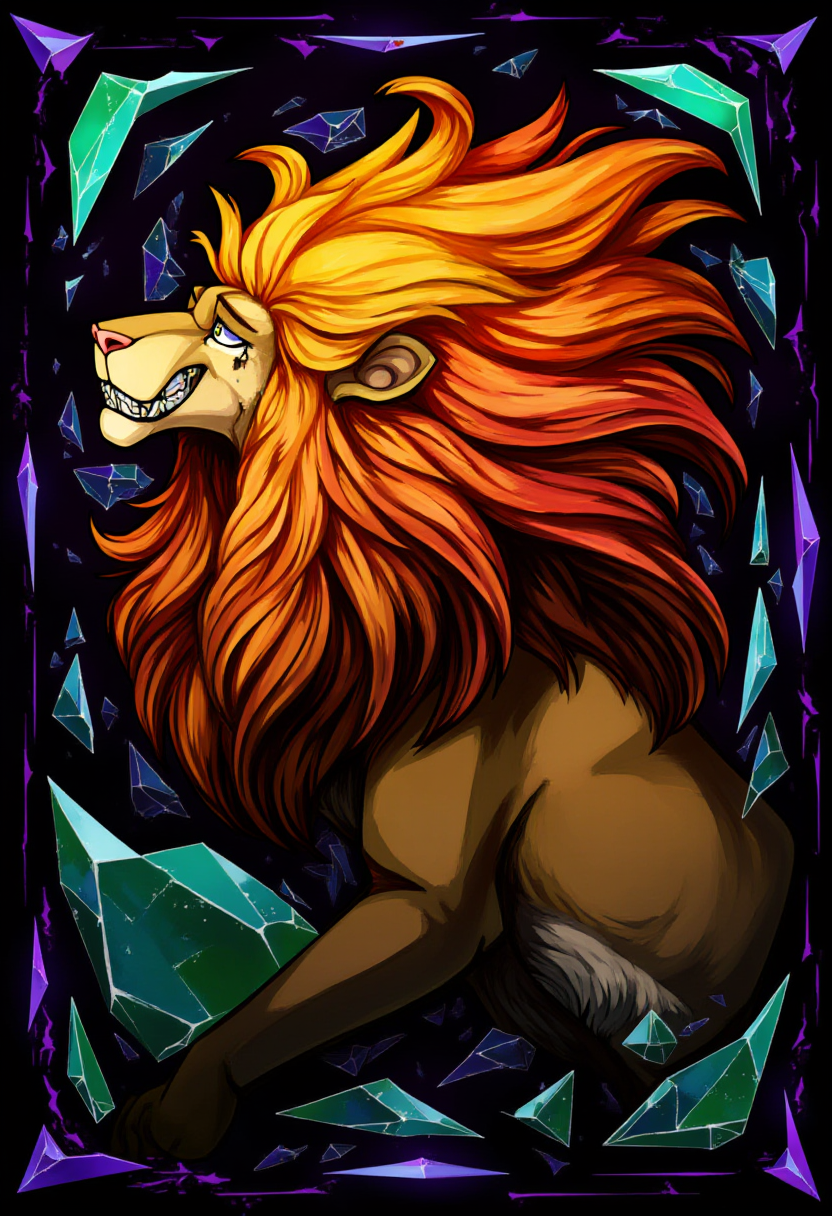 in the style of ck-lttlegh0st, A regal lion mid-roar, its mane bursting outward in vibrant streaks of fiery orange, crimson, and gold, framed by angular geometric shards in sapphire blue and emerald green. The background is a dark, abstract swirl, lending it the gravitas of a modern art museum portrait, reminiscent of a stained-glass window.