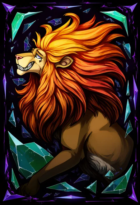 in the style of ck-lttlegh0st, A regal lion mid-roar, its mane bursting outward in vibrant streaks of fiery orange, crimson, and gold, framed by angular geometric shards in sapphire blue and emerald green. The background is a dark, abstract swirl, lending it the gravitas of a modern art museum portrait, reminiscent of a stained-glass window.