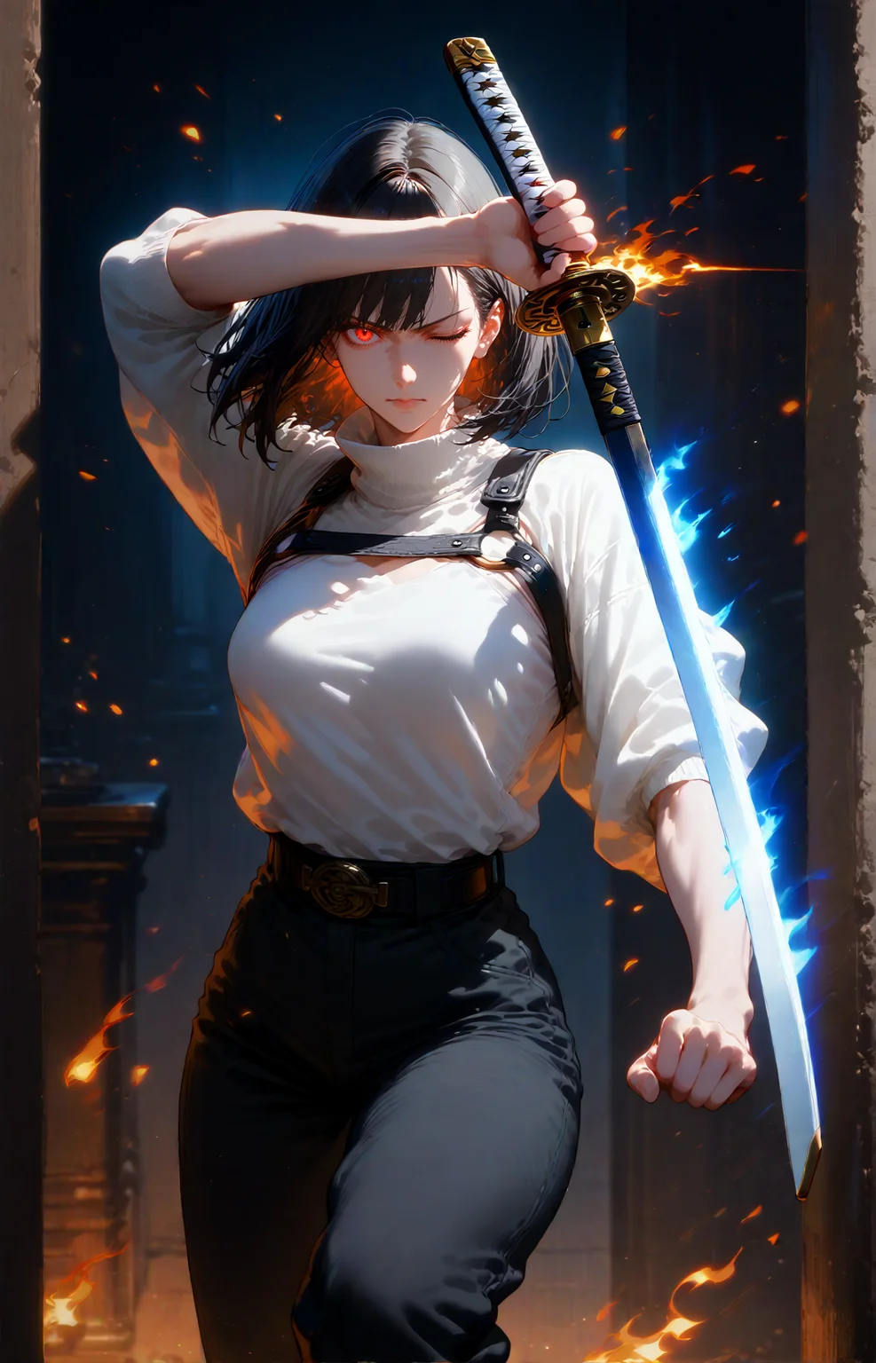 <lora:GEN 0.1v:0.8>,<lora:Expressive_H-000001>,<lora:modern_anime_screencap_v1_0:0.8>,source_anime,score_9,score_8_up,score_7_up,score_6_up,dark background,low light,
1girl,solo,<lora:age_slider_v4:1.2>,adult,tall female,black hair,medium hair,bangs,full bangs,straight hair,red eyes,pale skin,skindentation,petite,toned,(thick thighs:0.6),medium breasts,(angry:0.6),(half-closed eyes:0.8),fighting stance,holding katana,stance,black baggy pants,white top,high collar,one eye closed,crouch,glowing eyes,belt,harness,looking at viewer,flaming eye,black background,