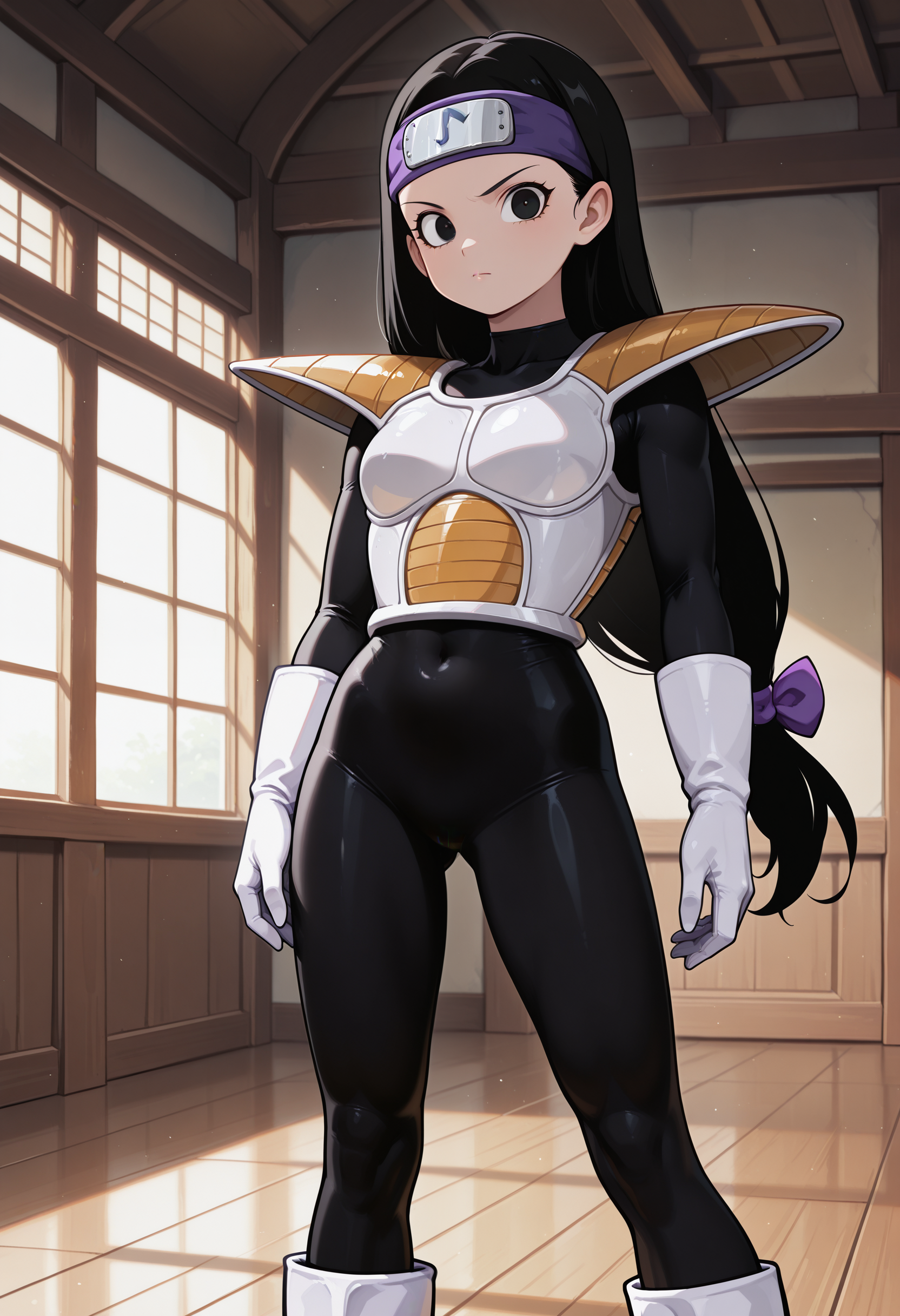 Tsch, 1girl, black hair, low-tied long hair, black eyes, purple bow, forehead protector, white saiyan armor, shoulder pad, black bodysuit, white gloves, white boots, looking at viewer, indoors, best quality, very aesthetic, masterpiece,
