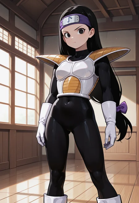 Tsch, 1girl, black hair, low-tied long hair, black eyes, purple bow, forehead protector, white saiyan armor, shoulder pad, black bodysuit, white gloves, white boots, looking at viewer, indoors, best quality, very aesthetic, masterpiece,