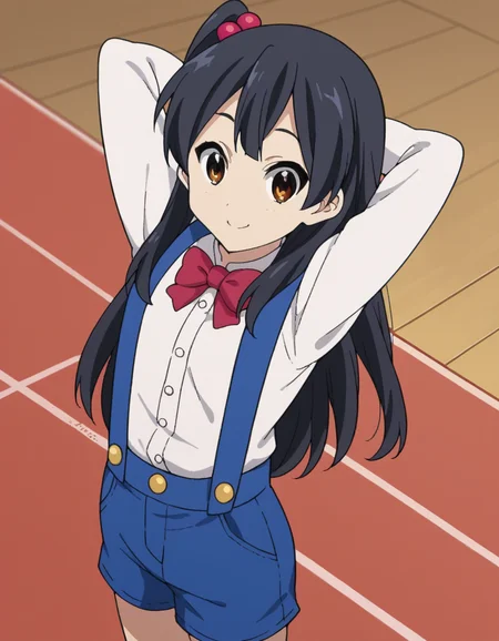 score_9, score_8_up, score_7_up, source_anime, <lora:anko-kitashirakawa-s1-ponyxl-lora-nochekaiser:1>, anko kitashirakawa, long hair, black hair, hair ornament, brown eyes, one side up, hair bobbles,, suspenders, shirt, white shirt, bowtie, red bowtie, buttons, shorts, blue shorts,, ballroom, dance floor, chandeliers, formal wear, smile, hands behind head,, looking at viewer, solo,, dutch angle, cowboy shot
